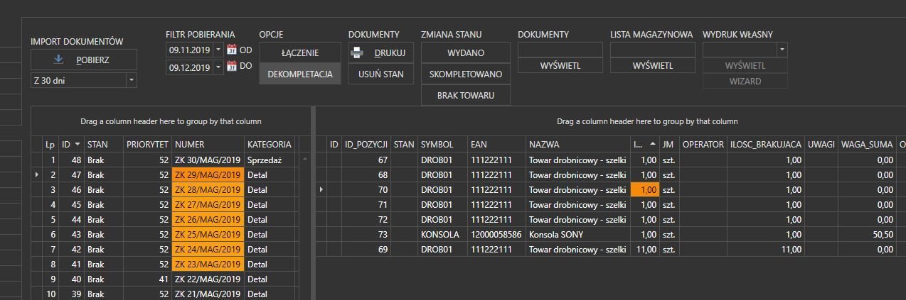 Lista dokumentów z Subiekta GT do wydruku listy magazynowej