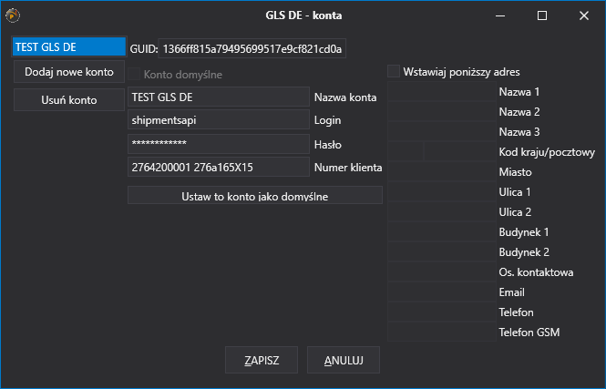 GLS Germany - ustawienia konta dostępowego do API kuriera