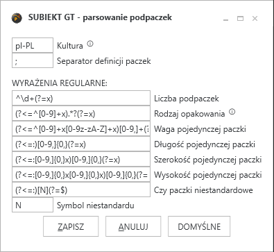 Konfiguracja odczytywania parametrów paczki kuriera z danych Subiekta GT