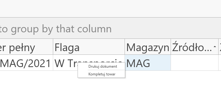 Oczyszczone menu kontekstowe na stanowisku przyjęcia towaru na magazyn 