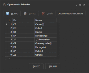 Lista typów opakowań DB Schenker w słowniku programu ProstaPaczka