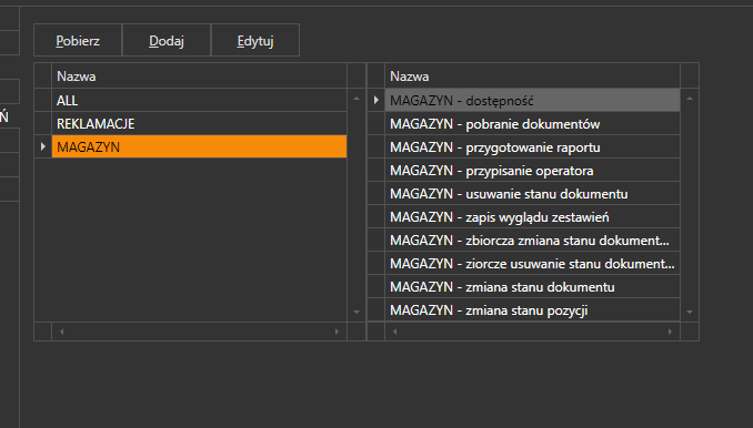 Panel zarządzania grupami uprawnień użytkowników programu ProstaPaczka.