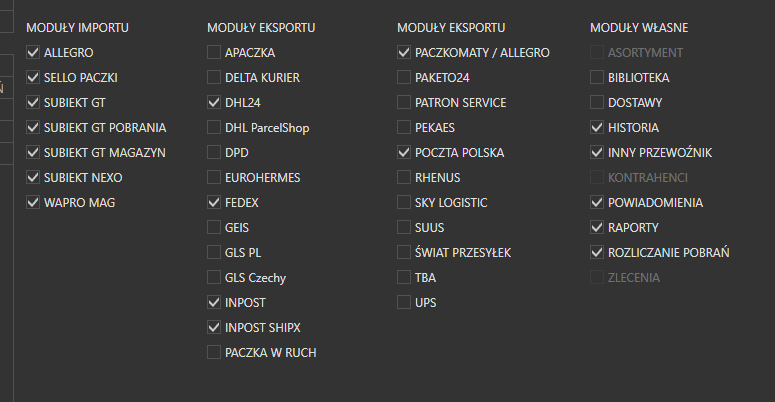Panel Moduły