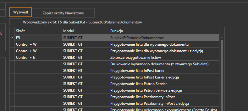 Panel zarządzania skrótami klawiaturowymi w programie ProstaPaczka.
