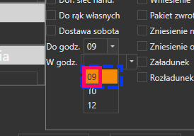Sekcja usług okna edycji listu kuriera FedEx z wyborem usługi zastrzeżenia doręczenia do godziny.