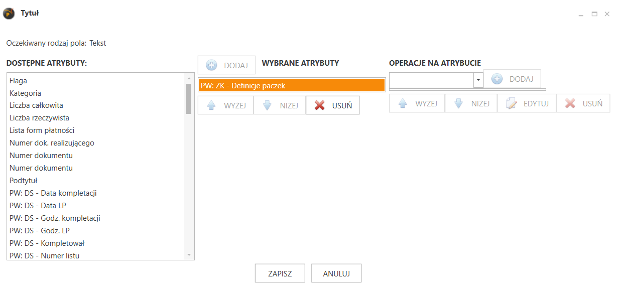 Okno konfiguracji atrybutów dokumentów. 