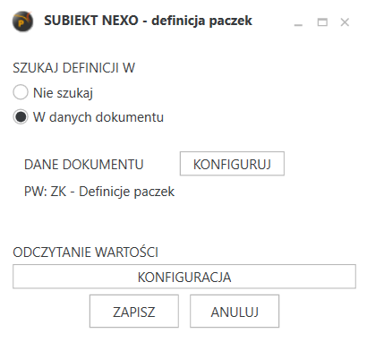 Widok konfiguracji definicji paczek.