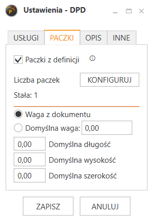 Ustawienia dpd dotyczące paczek. 