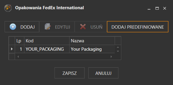 Widok konfiguracji opakowań FedEx International