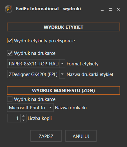 Widok konfiguracji wydruków FedEx international