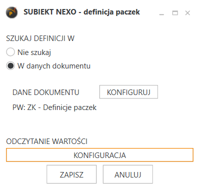 Okno definicji paczek. 