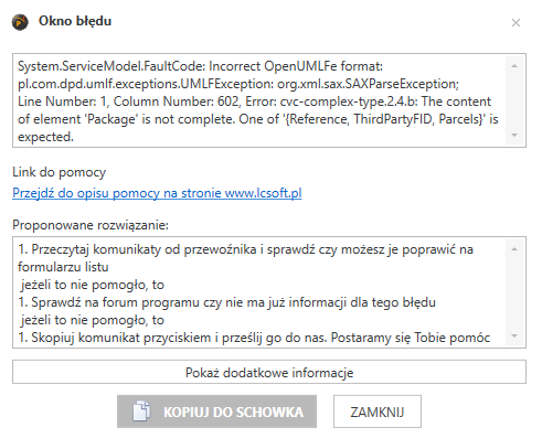 Widok okna błędu ze wskazanym przyciskiem "Kopiuj do schowka" w dolnej części okna.