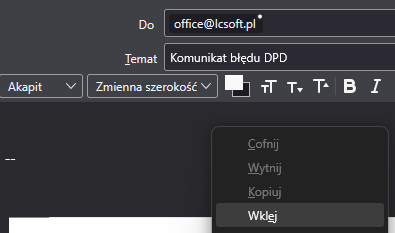 Widok nowej wiadomości w poczcie elektronicznej ze wskazanym przyciskiem "Wklej".