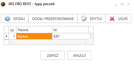 Okno dodawania typów paczek. 