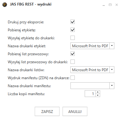 Okno konfiguracji wydruków. 