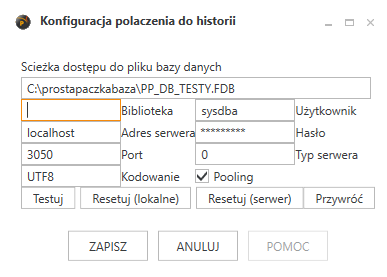 Widok konfiguracji połączenia do bazy danych programu.