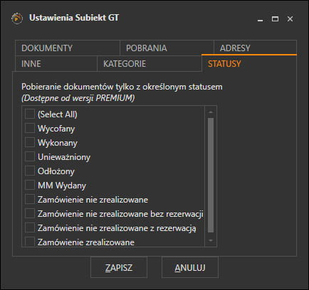 Zakładka Statusy z listą statusów dokumentów