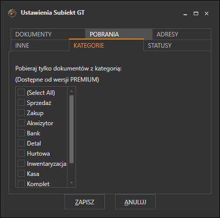 Zakładka Kategorie z listą kategorii dokumentów