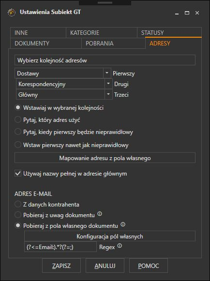 Zakładka ADRESY w oknie Ustawienia Subiekt GT z kolejnością adresów, opcjami dodatkowymi i sekcją ADRES E-MAIL
