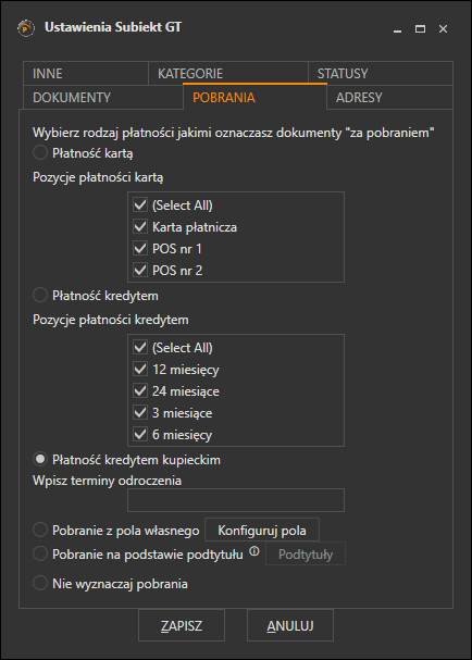 Zakładka Pobrania z opcjami rozpoznawania przesyłek za pobraniem