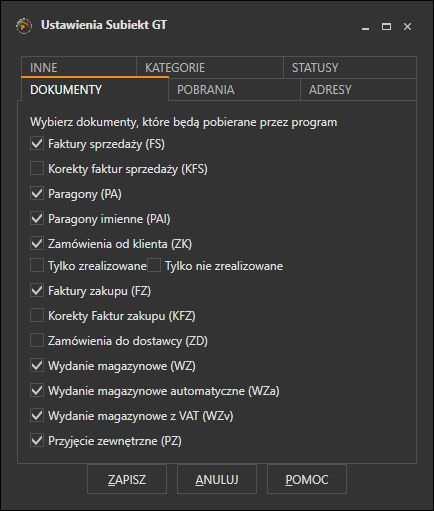 Zakładka Dokumenty z listą typów dokumentów do pobrania