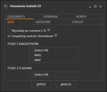 Zakładka Inne z opcjami wyszukiwania i filtrowania dokumentów